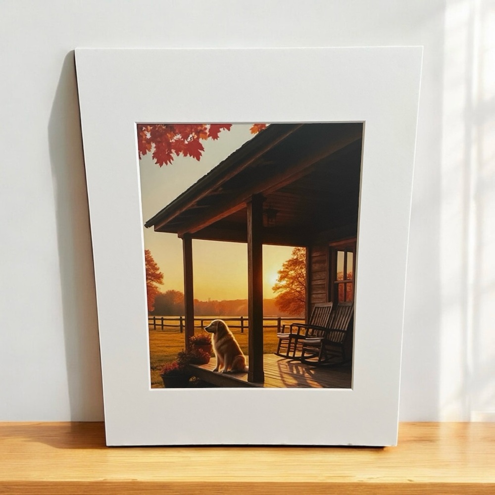 Golden Retriever Dog Sitting on a porch Photo Print 8x10 Matted to 11x14
